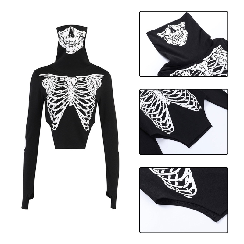 Áo Thun Croptop Tay Dài Cổ Lọ In Hình Bộ Xương Phong Cách Halloween Cho Nữ