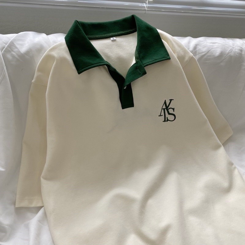 Áo Thun Polo Unisex ATYS màu XANH LÁ/KEM Form Rộng Chất Thun Chữ Thêu 2 Mặt Nam Nữ Áo Cổ Đức Oversize Local Brand