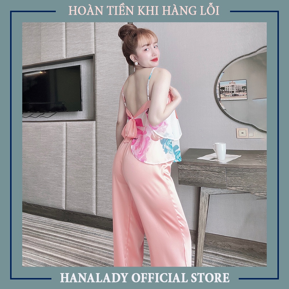Bộ đồ ngủ nữ, áo 2 dây lụa phối quần dài cao cấp V477