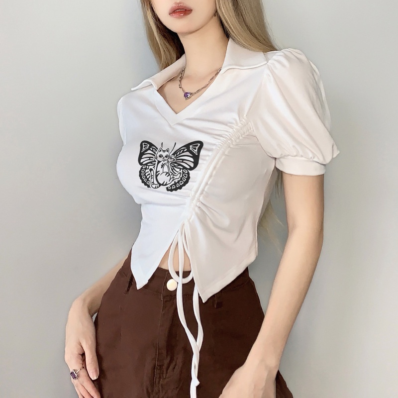 Áo Thun Dây Rút Cổ V Ngắn Tay In Hình Bướm Thời Trang Nữ Sành Điệu