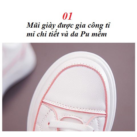 Giày Sneaker trắng trẻ em tiểu học cao cấp đế êm chân da Pu mềm CG21