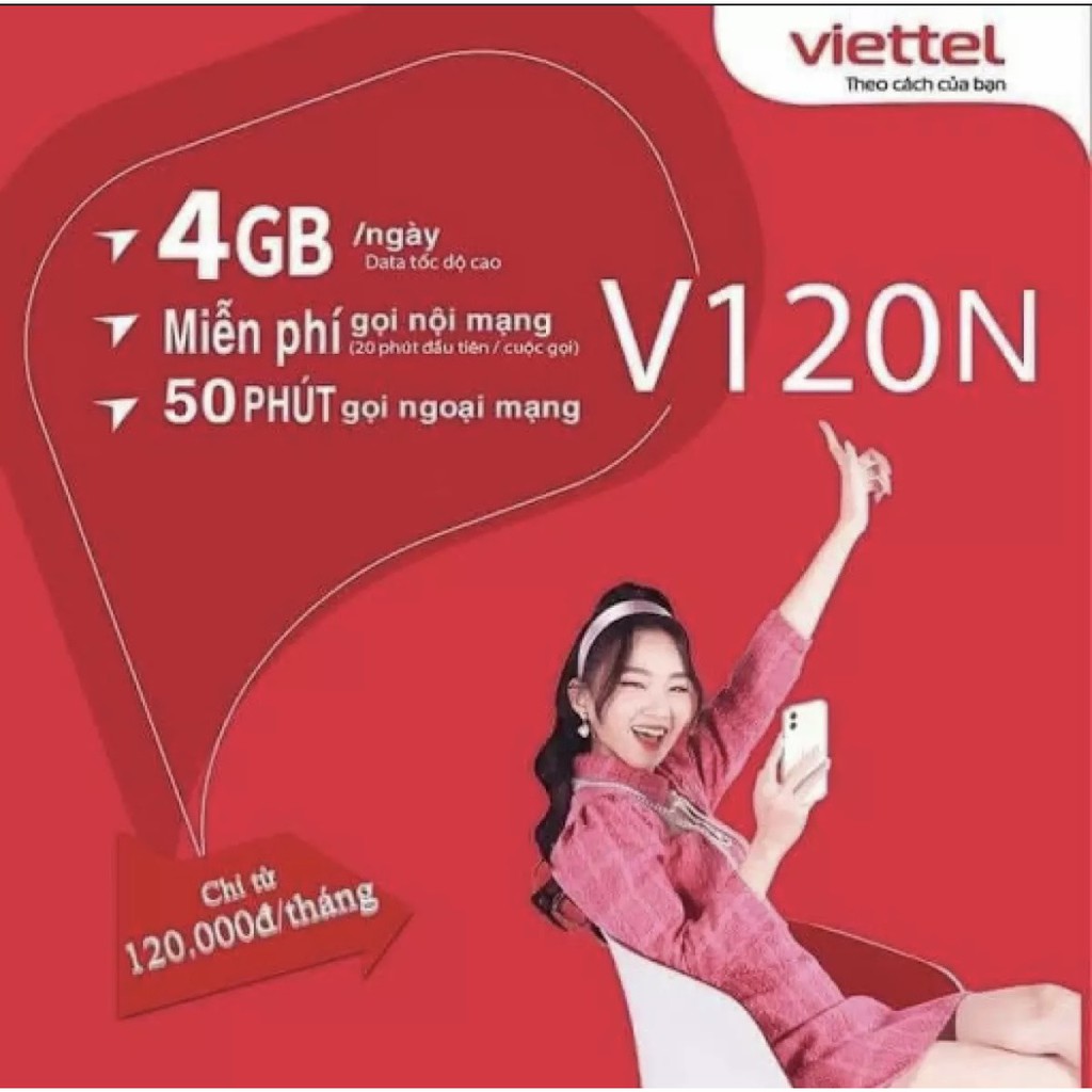 Sim 4G Viettel V120N đầu 09 tặng 4GB/Ngày (120GB/Tháng), miễn phí gọi nội mạng và 50 phút ngoại mạng - GELOSS