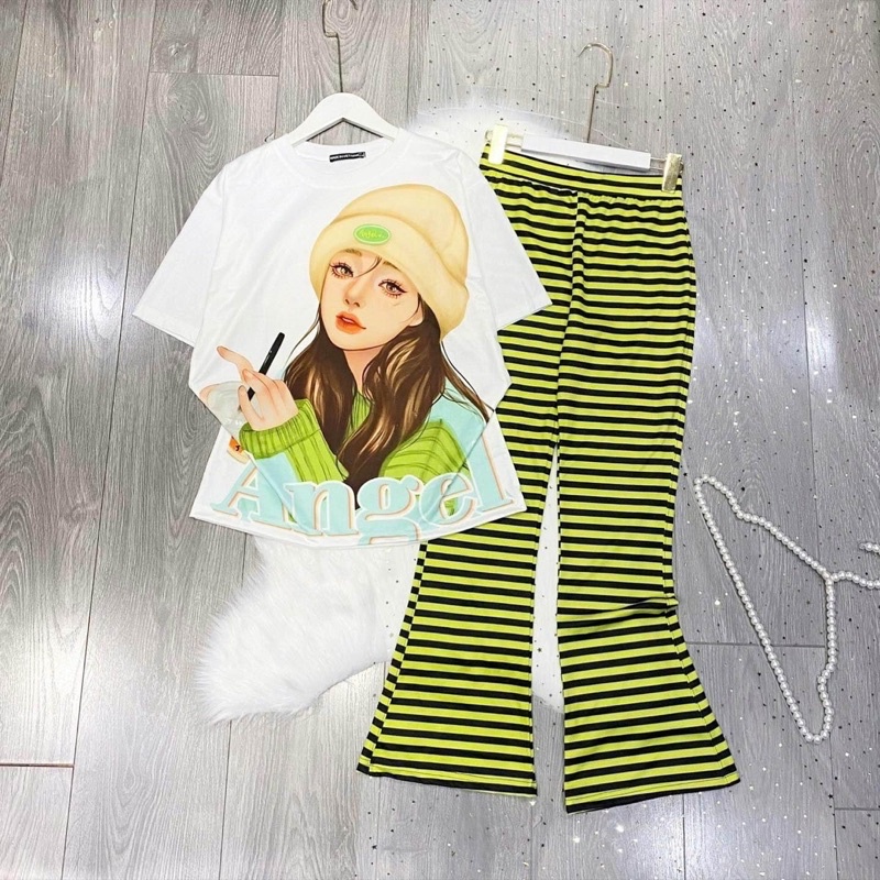 Set Bộ Áo Thun 3D Tay Lở Quần Suông Loe Trơn-Sọc Ảnh Thật