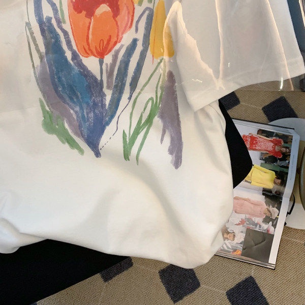 Áo Thun Cotton Tay Ngắn Dáng Rộng In Hình Hoa Tulip Thời Trang Mùa Hè Hàng Mới Dành Cho Bạn Nữ