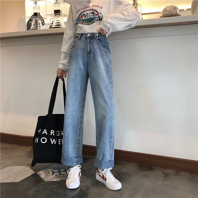 [Size S] Quần jeans nữ ống rộng lưng cao xanh nhạt Ulzzang Quảng Châu QDJ89
