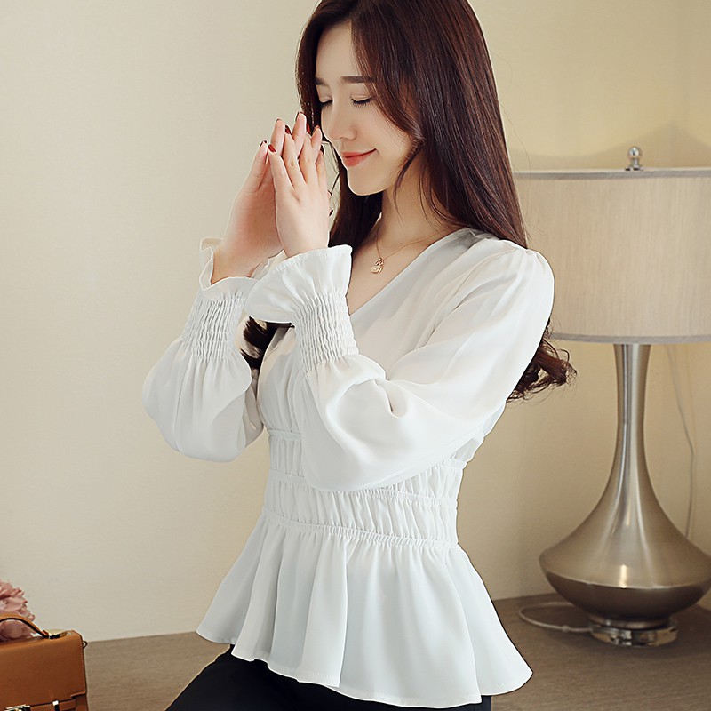 Korean V Neck Fashion Casual Peplum Top Women Autumn Long Sleeve Ruffle Chiffon Blouse White Red | BigBuy360 - bigbuy360.vn