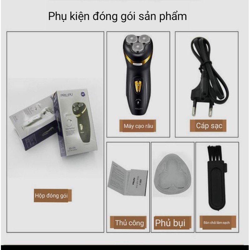 Máy cạo râu điện 3 lưỡi kép Philiplus ES178, công suất cực mạnh, không thấm nước