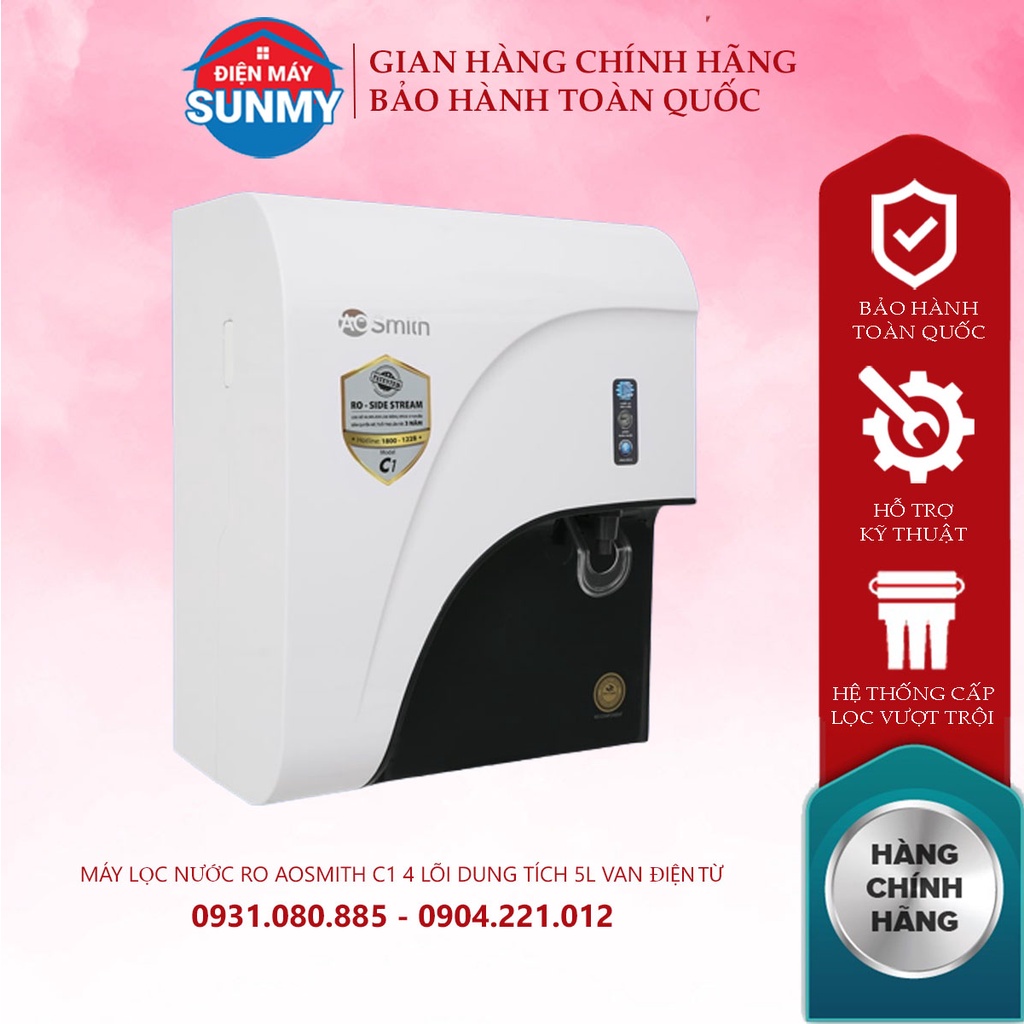Máy lọc nước RO AOSmith C1 4 lõi dung tích 5L van điện từ để bàn hoặc treo tường nhỏ gọn tinh tế - Bảo hành chính hãng