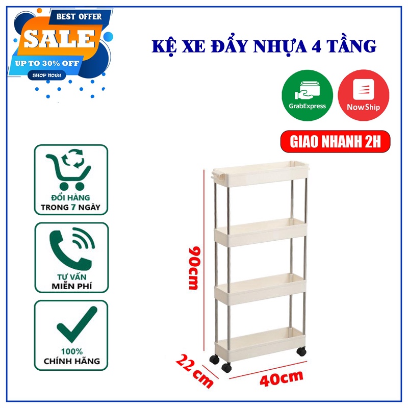 Kệ nhựa để đựng đồ đa năng 4 tầng có bánh xe đẩy di động khung inox