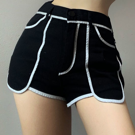 Quần Short Denim Lưng Cao Dáng Rộng Phối Màu Tương Phản Thời Trang Mùa Hè Cho Nữ