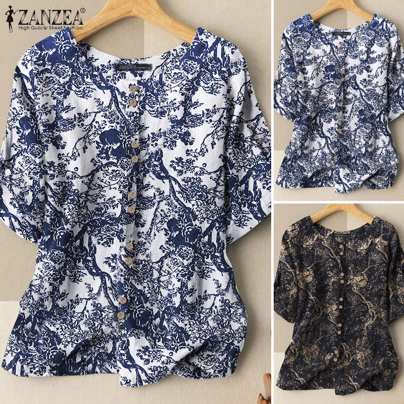 Áo sơ mi ZANZEA ngắn tay cổ tròn dáng rộng phong cách cổ điển cho nữ