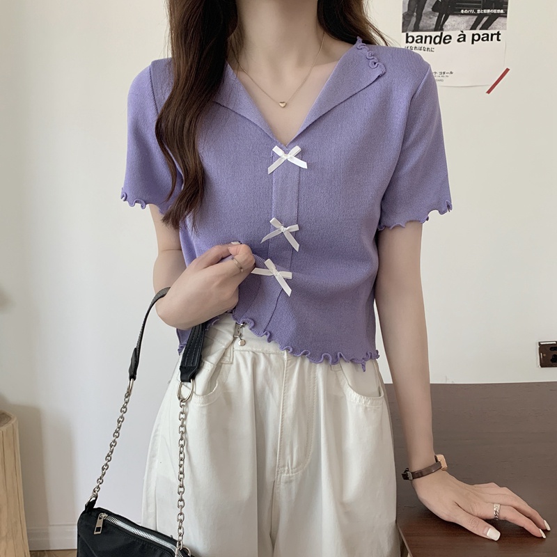 Áo thun dệt kim ngắn tay cổ chữ V dáng ôm phong cách mới thời trang mùa hè cho nữ họa tiết 3 nơ chất đẹp loại 1