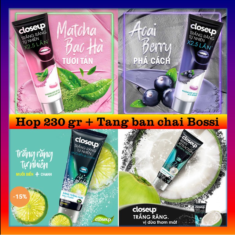 Closeup 230gr - Dừa Than Hoạt Tính/Muối Biển Chanh/Acai Berry/Matcha Bạc Hà (Tặng bàn chải than tre Bossi Hàn Quốc)