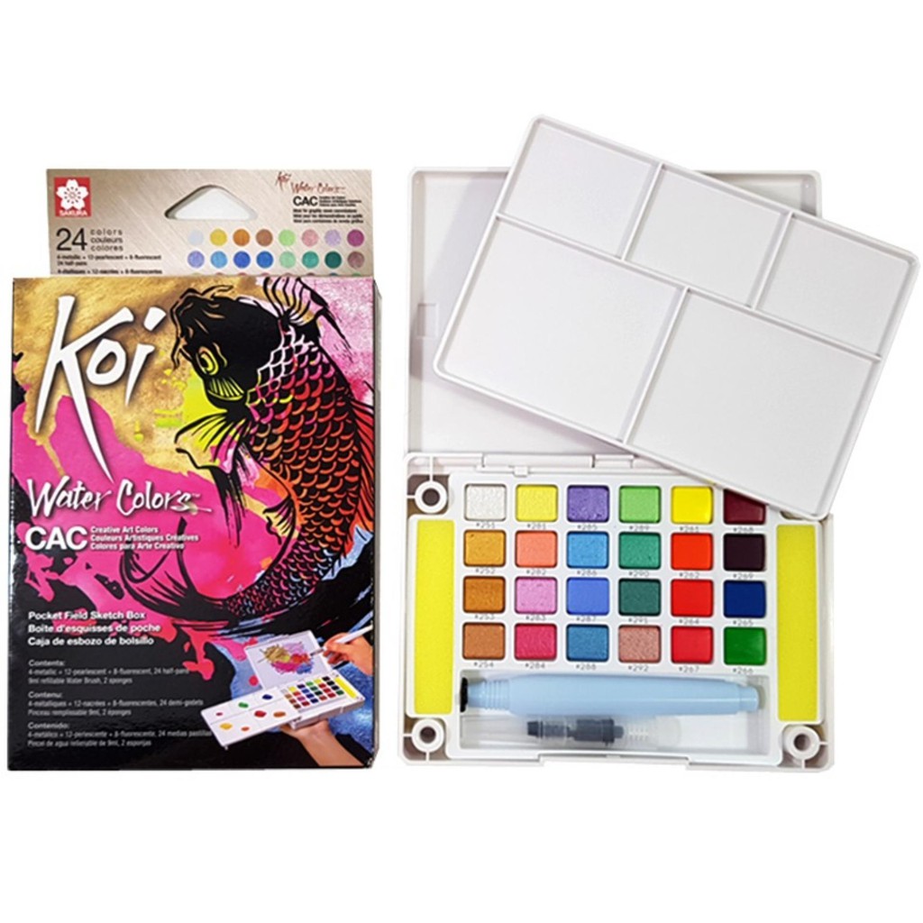 Màu nhũ Sakura Koi CAC set 12/24 màu dạng viên nén tặng kèm cọ nước waterbrush, bọt biển dùng cho vẽ tranh