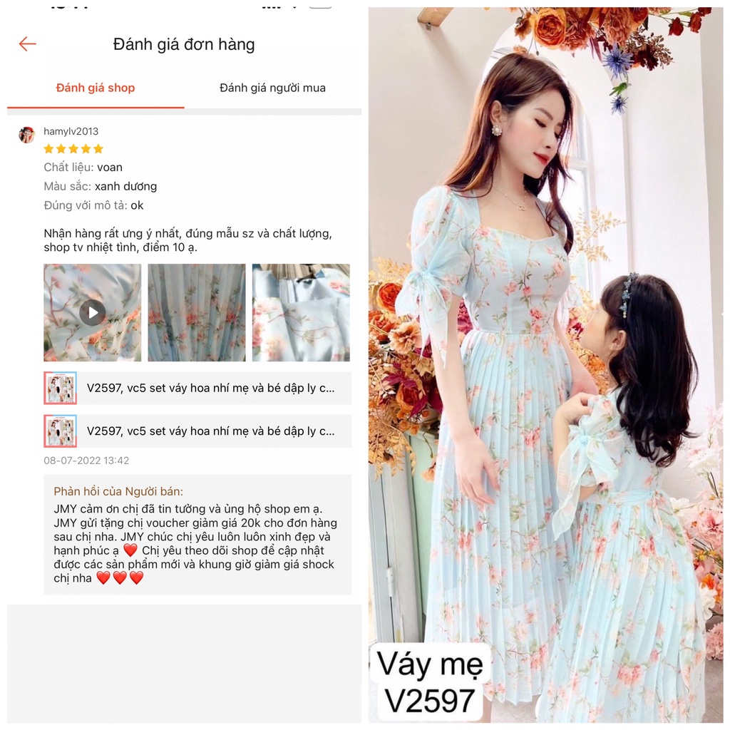 V2597, vc5 set váy voan hoa nhí mẹ và bé xanh mint dáng dài dập ly cổ tim đi biển -  Dolce viva colection