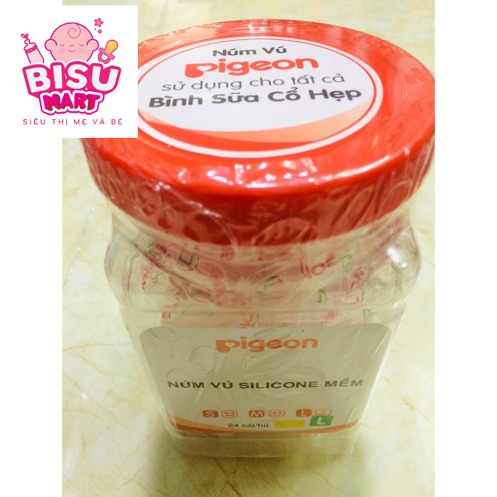 COMBO 3 Hộp núm vú cổ hẹp PIGEON silicon MỀM 24 CÁI/HỘP