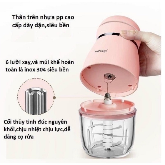 Máy xay đa năng HATTIECS 0.3L Máy xay ăn dặm cho bé Cối thủy tinh 6 lưỡi dao cầm tay tiện dụng Hattiecs.
