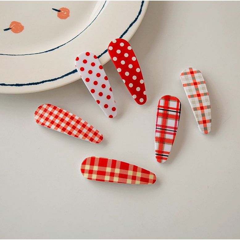 Kẹp tóc bấm giọt nước caro chấm bi đỏ dễ thương K134