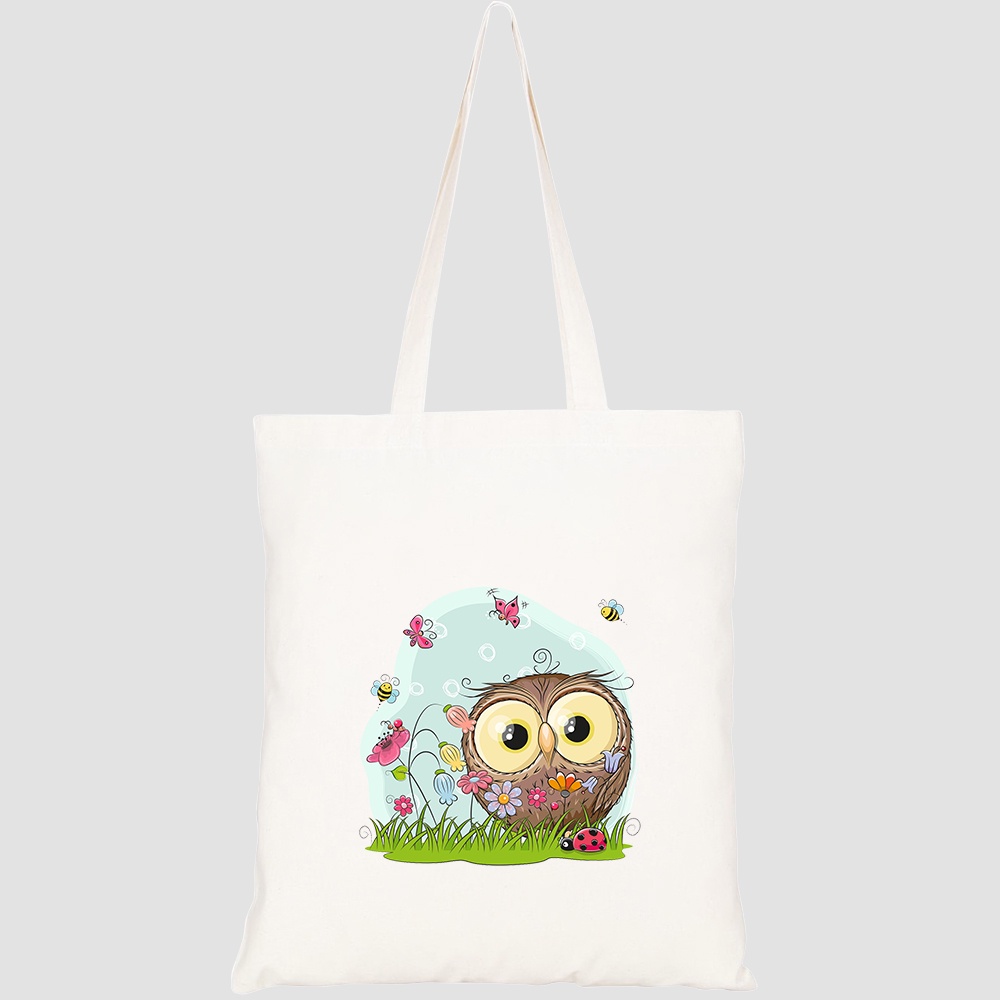 Túi vải tote canvas HTFashion in hình cute cartoon owl on meadow HT540