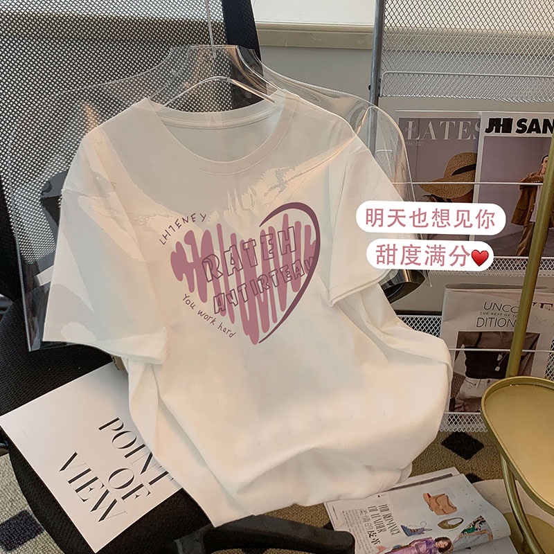 Áo thun Fashmily 100% cotton tay ngắn dáng rộng cổ tròn in họa tiết thời trang mùa hè phong cách Hàn Quốc cho nữ