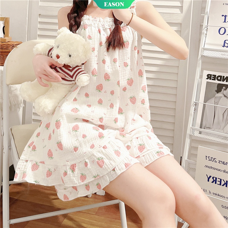 Bộ Đồ Ngủ Hai Dây Sát Nách Vải Cotton Mỏng Dáng Rộng In Hình Dâu Tây Kiểu Nhật Bản Thời Trang Mùa Hè
