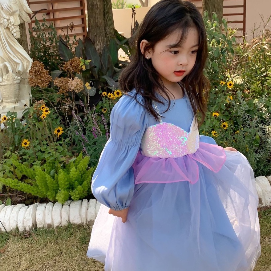 V103 - Váy voan nàng tiên cá sz 90-140, đính kim sa, voan bồng bềnh, thời trang dự tiệc cho bé thu đông 2022