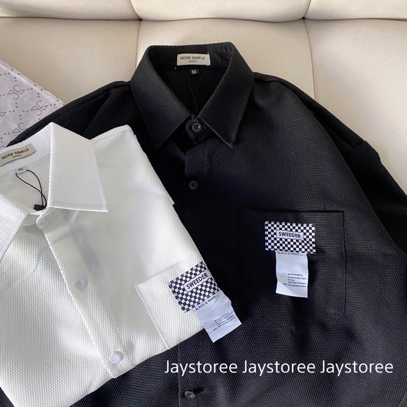 Áo sơmi tay lỡ unisex SWEEDER màu ĐEN/TRẮNG  Nam nữ unisex  Áo Sơ Mi form rộng style Ulzzang