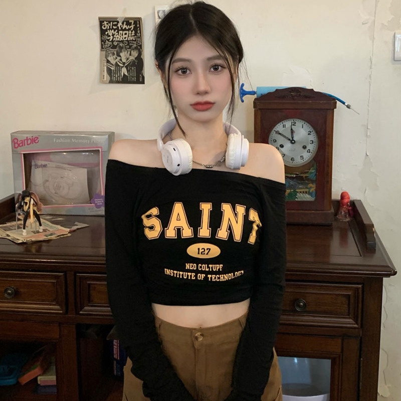 Áo Thun Tay Dài Lệch Vai Màu Trắng Phong Cách Cổ Điển Thời Trang Mùa Hè Xinh Xắn Cho Nữ