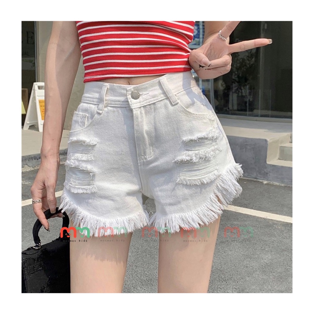 Quần short jean bé gái rách có lót trong, nút điều chỉnh lưng bên trong tinh tế cho bé 22kg đến 42kg