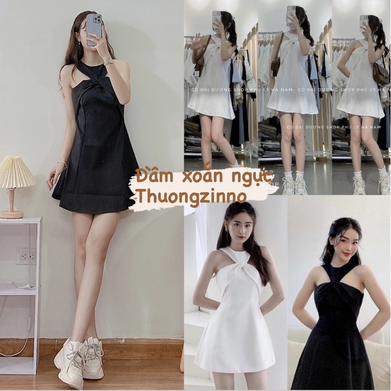 [Ảnh thật/Video]Váy nữ cổ yếm xoắn ngực dáng chữ A tiểu thư bánh bèo thời trang nữ Summer Đầm hở vai ngọt ngào