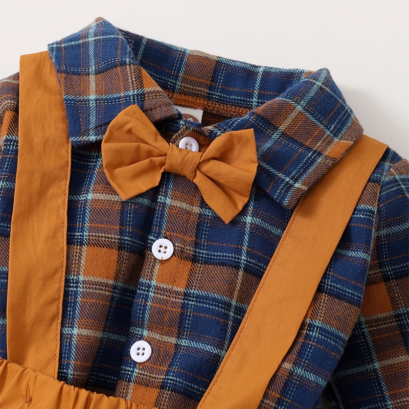 Bộ trang phục 2 món MIKRDOO áo sơ mi tay dài sọc ca rô quần hai dây phong cách lịch lãm thời trang tiệc tùng cho bé trai