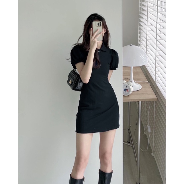 Váy Đầm Polo Nữ Tay Phồng - Halinh Shop - Váy Cổ Sơ Mi Trơn Cộc Tay Body Xoè Nhẹ Phần Chân Váy size S M