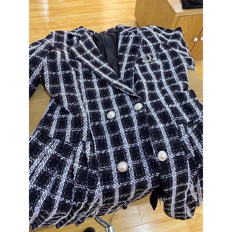 Váy áo vest dạ tweed kẻ đen trắng tag dáng ngắn