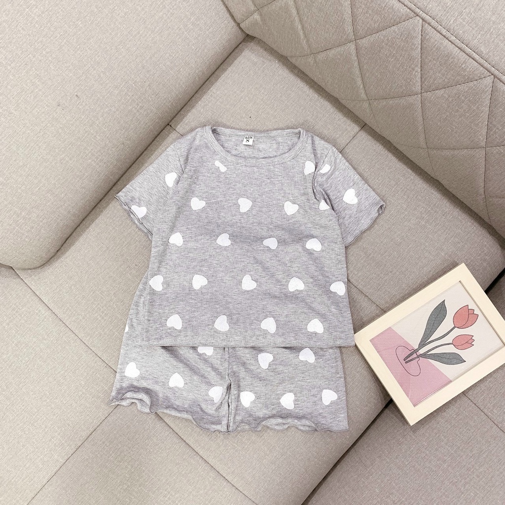 Bộ cotton tăm trái tim mặc ở nhà cho bé gái 20-30kg