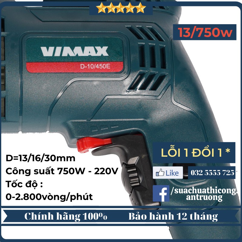 Máy khoan điện cầm tay giá rẻ Vimax chính hãng xuất Nga, DL13/750E, khoan vít, gỗ, sắt, bê tông gia đình, công xưởng