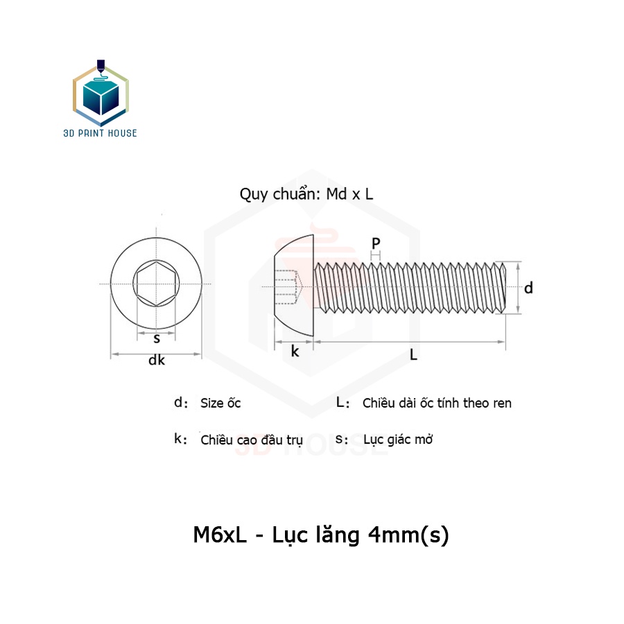 Ốc - Bulong Lục Giác Inox 304 M6 Đầu Dù - (10con)