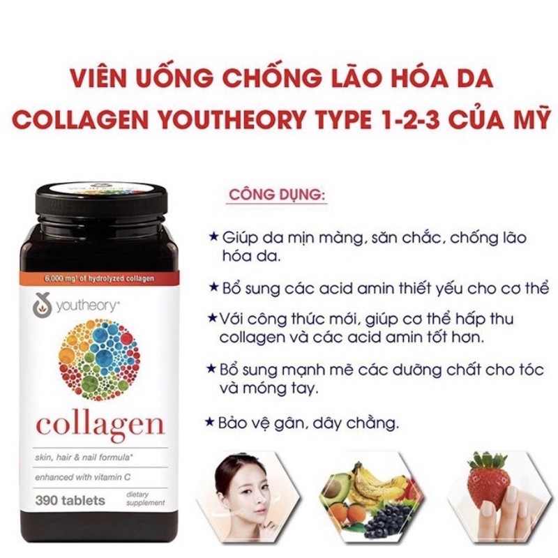 Collagen Youtheory 390 Viên Type 1,2&3 mẫu mới có thêm biotin