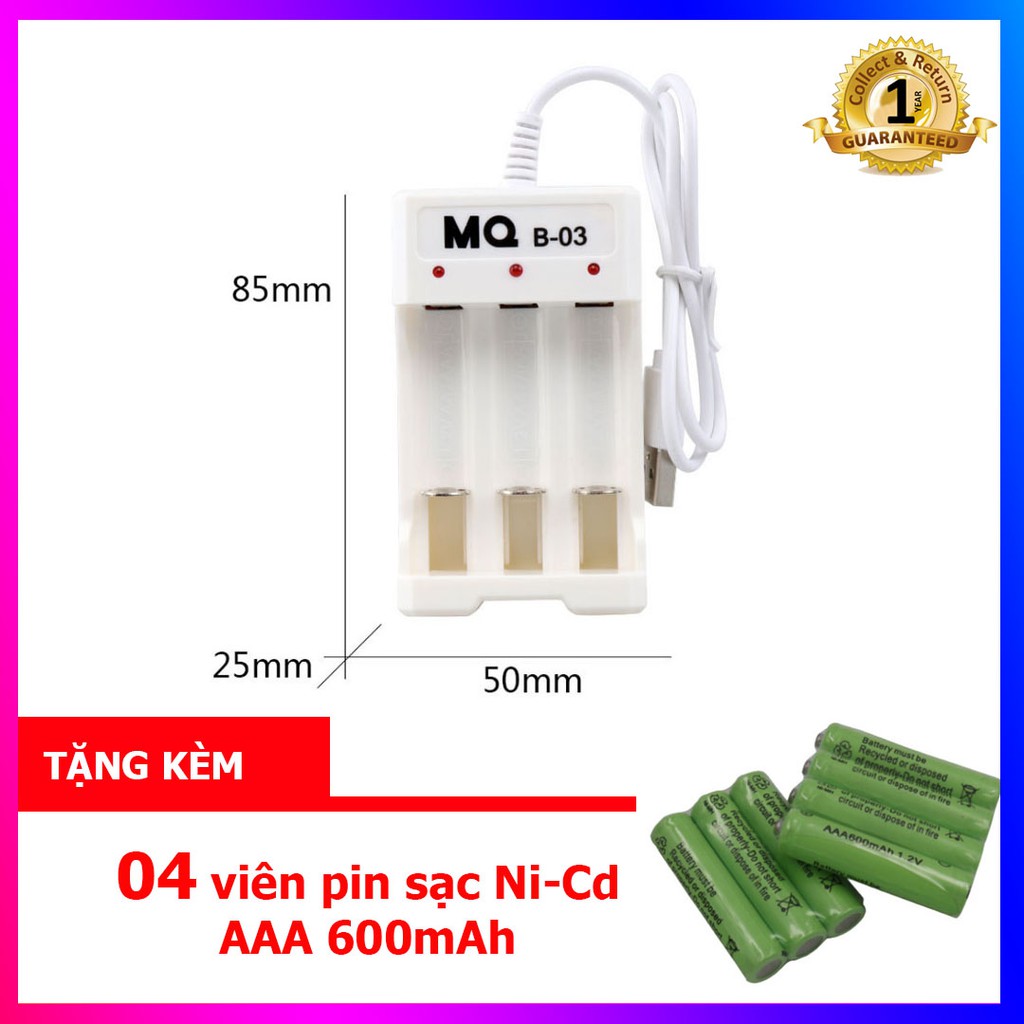 Combo Bộ sạc pin AA, AAA 03 cổng (sạc pin Ni-Cd) - MQ-03 + tặng kèm 04 viên pin sạc AAA 600mAh