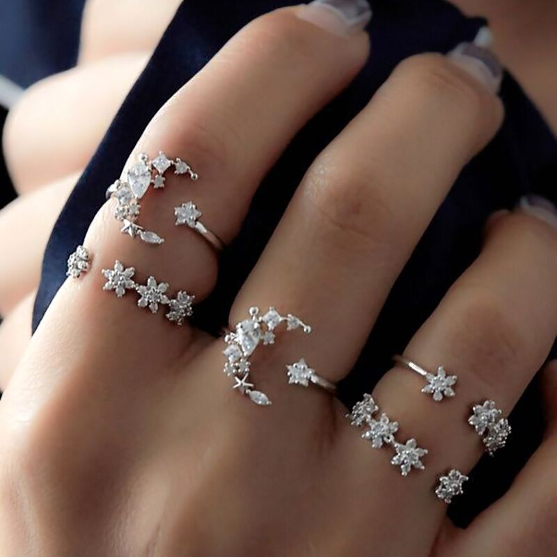 Bộ 5 nhẫn GMAI mặt ngôi sao và trăng đính đá long lanh thời trang