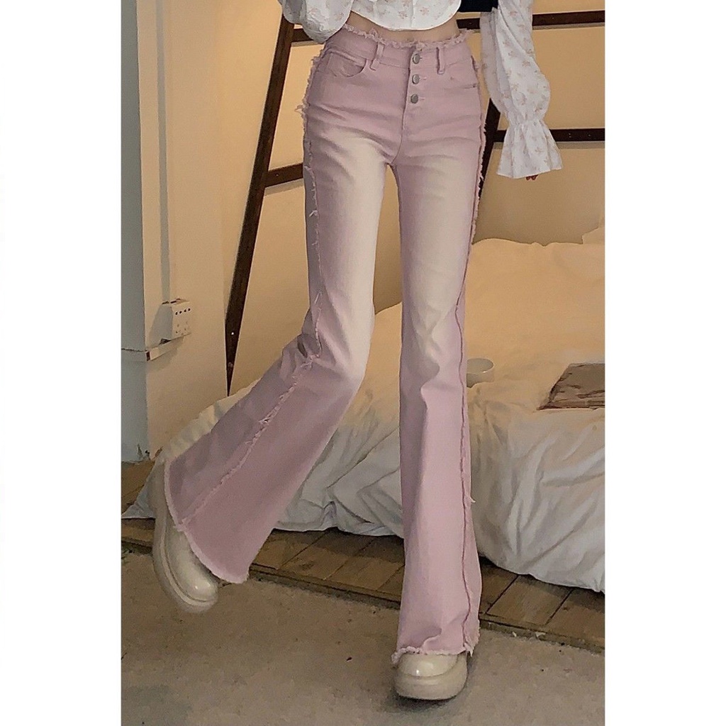 Pink micro jeans women's 2022 summer new high waist slim and thin edge design spicy girls bell bottoms