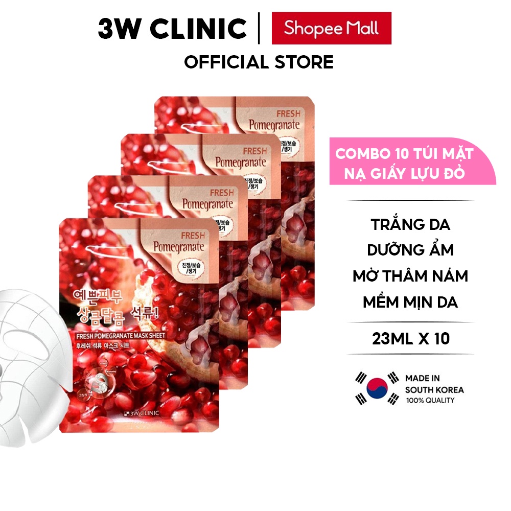 Combo 10 Túi Mặt nạ giấy Mặt nạ dưỡng da chiết xuất từ Lựu Đỏ 3W Clinic Hàn Quốc 23mlx10