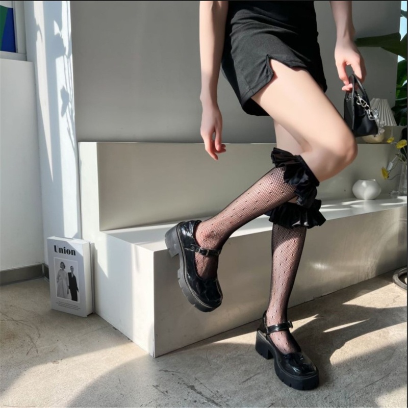 Youyo Tất Lưới Chấm Bi Phối Bèo Satin Phong Cách Lolita Nhật Bản Dễ Thương Cho Nữ