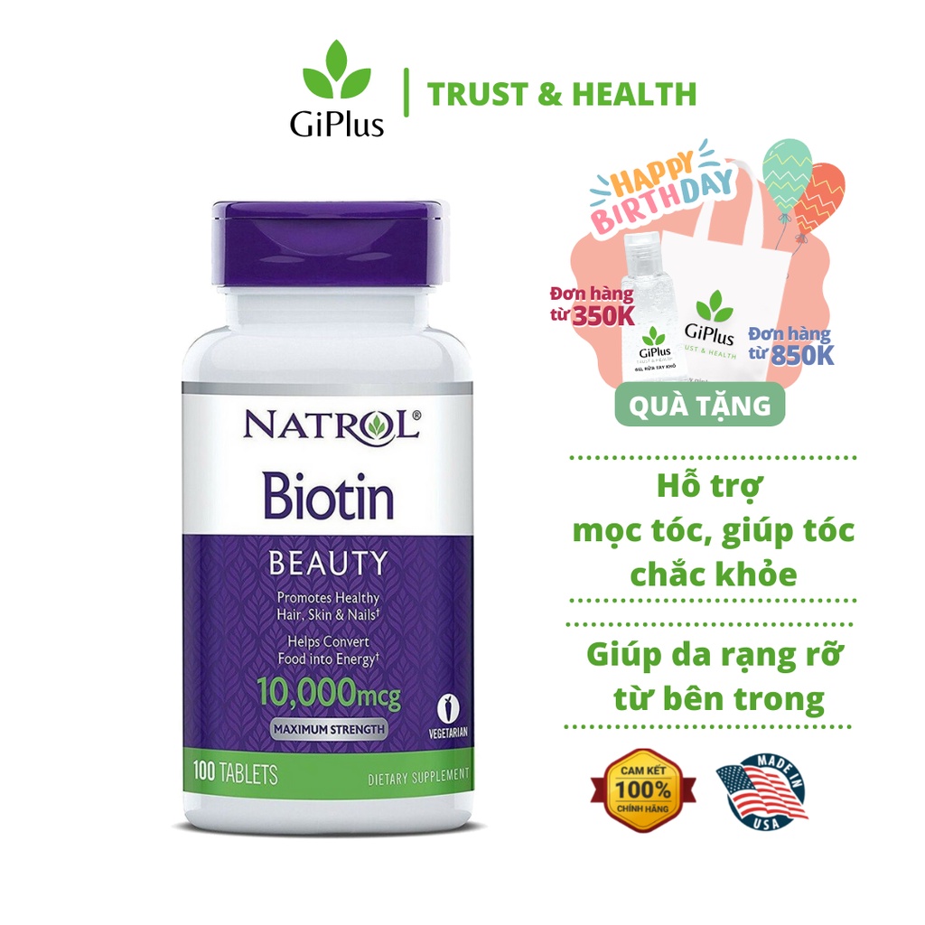 Viên Uống Hỗ Trợ Mọc Tóc, Móng Natrol Biotin 10.000mcg (100 Viên/Lọ)