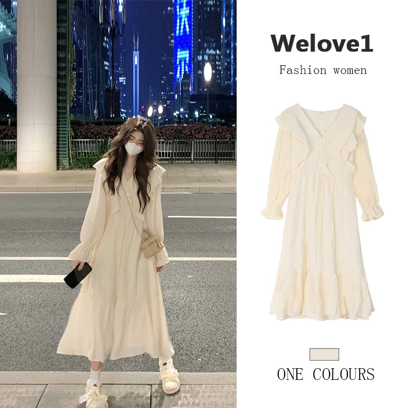 Đầm midi tay dài cổ chữ V viền bèo phong cách Pháp thời trang dành cho nữ