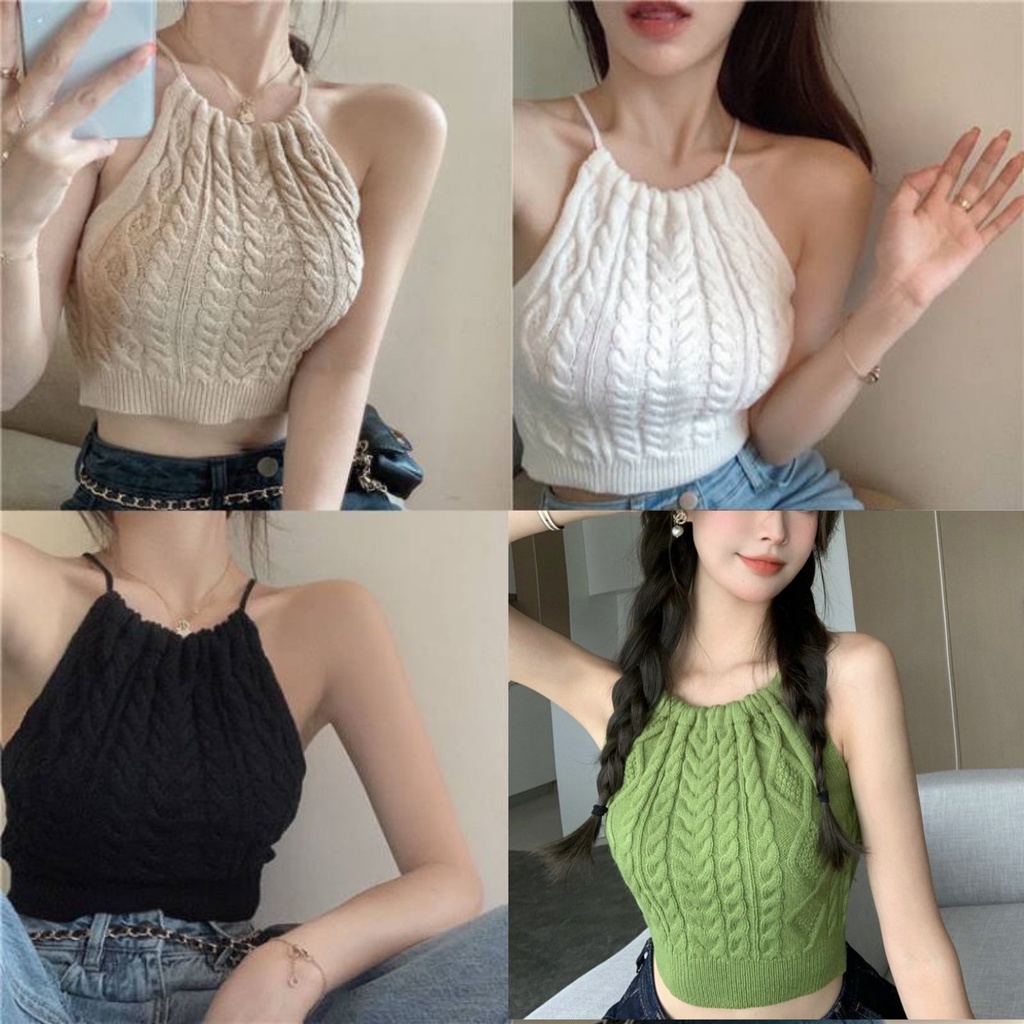 Áo hai dây croptop cổ yếm hở lưng vải len dệt kim nữ A2S17