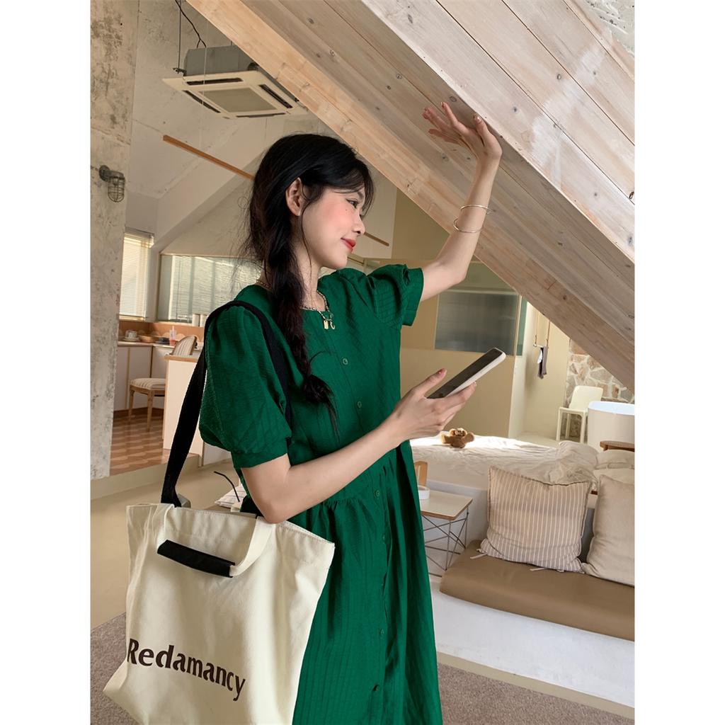 𝗺𝗶𝗲 𝘀𝘁𝘂𝗱𝗶𝗼 - Đầm xanh đậm tay ngắn dáng babydoll cổ tròn dáng freesize