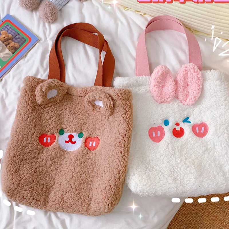 Túi Xách Lông Nhung Hình Gấu Hoạt Hình Sức Chứa Lớn