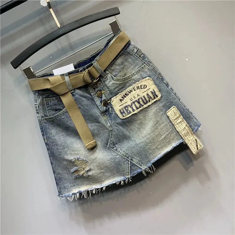 Jiashucheng Chân Váy Denim Chữ a Lưng Cao Rách Cá Tính Thời Trang Mùa Hè 2023 Phong Cách Mới