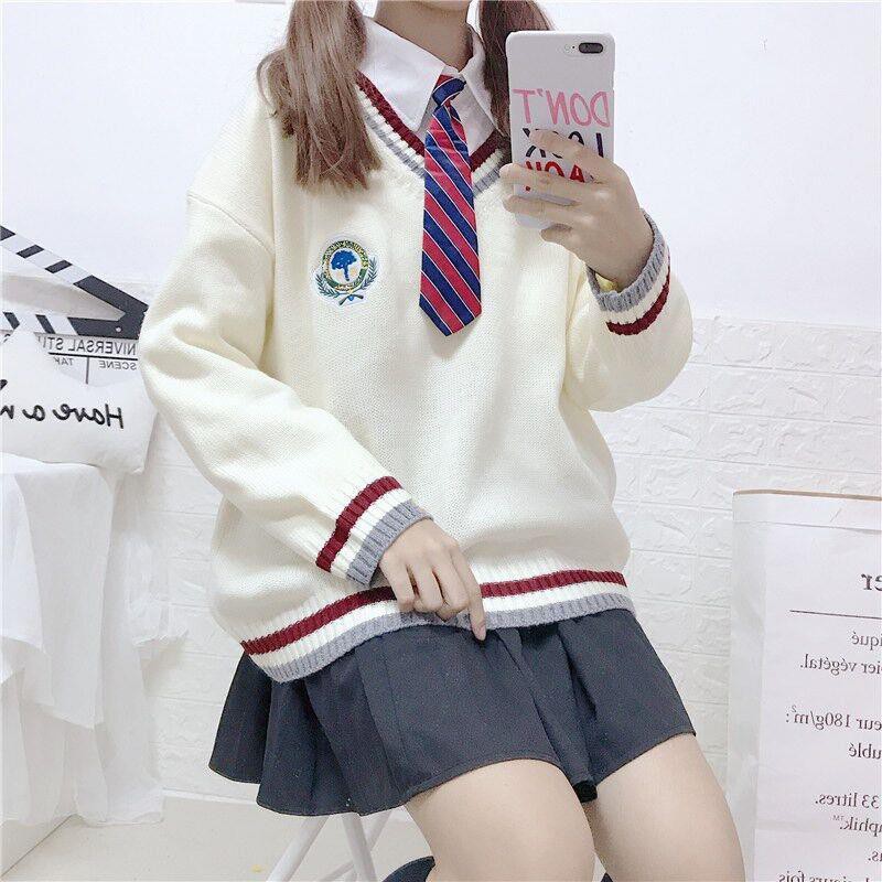 Phong cách đại học áo vest nữ sinh phiên bản Hàn Quốc thêu rời cổ chữ V dài tay phù hợp với xu hướng áo len chui đầu
