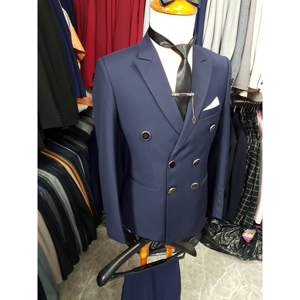 Bộ vest nam ôm body kiểu 6 cúc màu xanh đen tặng cà vạt + kẹp